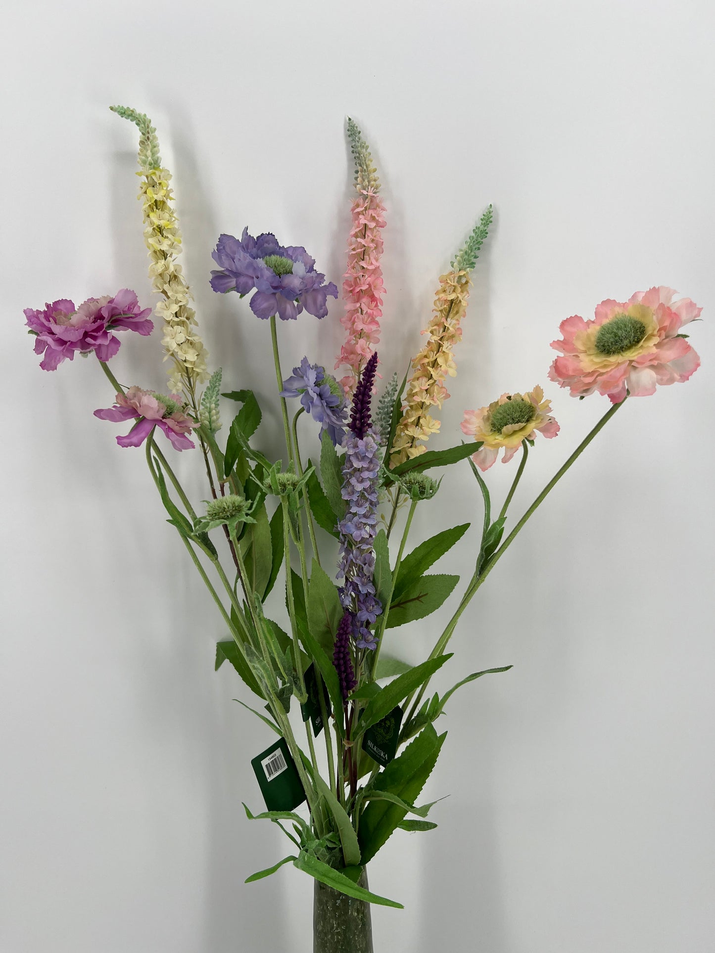 Silk-ka veldboeket-bundel (7st.) in de zachte kleuren blauw, perzik, roze, 64cm