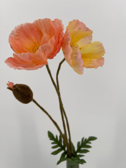 Poppy/papaver kunsttak 2 grote bloemen met knop in oranje of geel/roze/zalm, 76cm