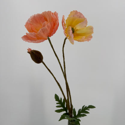 Poppy/papaver kunsttak 2 grote bloemen met knop in oranje of geel/roze/zalm, 76cm
