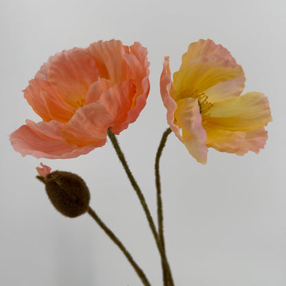 Poppy/papaver kunsttak 2 grote bloemen met knop in oranje of geel/roze/zalm, 76cm