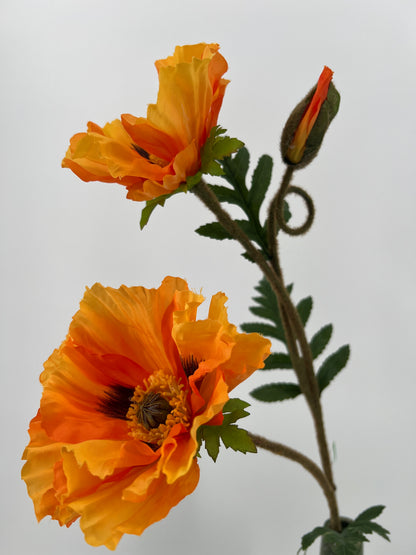 Poppy/papaver kunsttak 2 grote bloemen met knop in oranje of geel/roze/zalm, 76cm