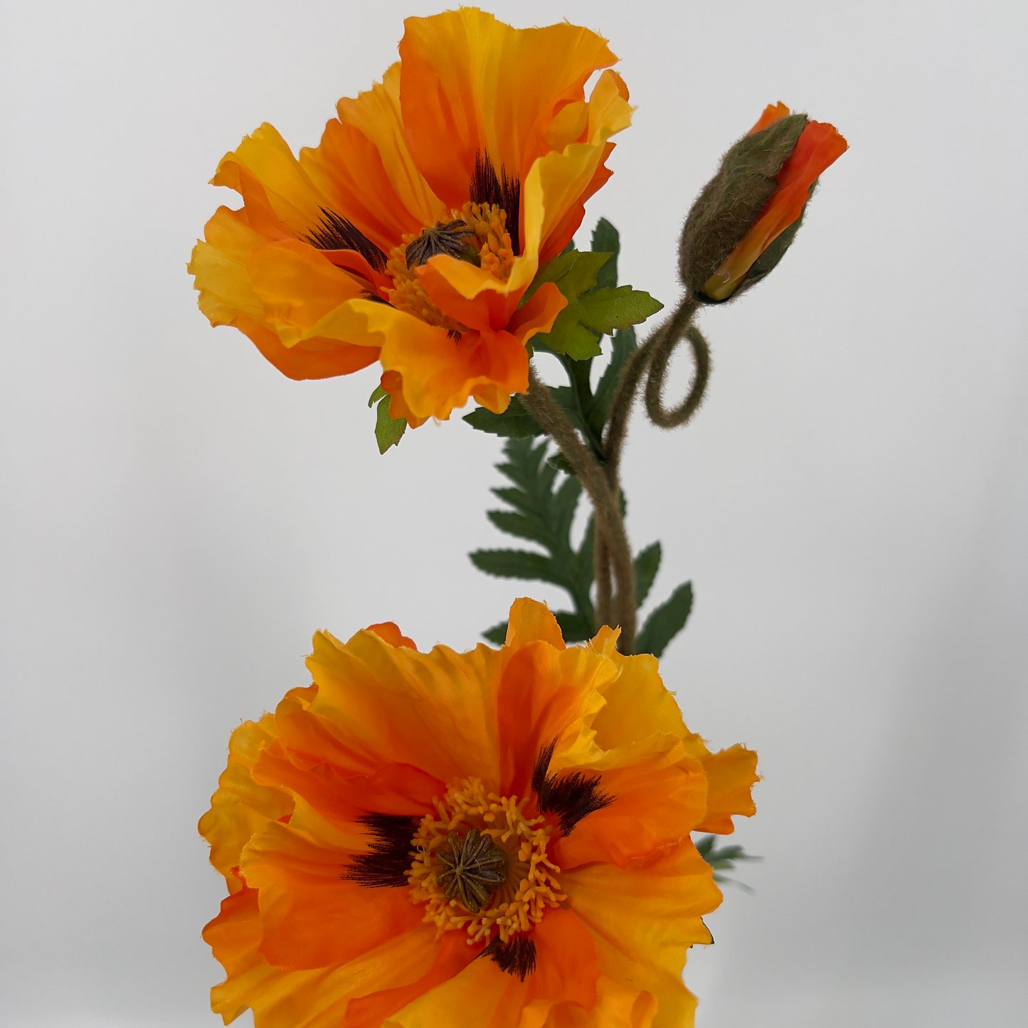 Poppy/papaver kunsttak 2 grote bloemen met knop in oranje of geel/roze/zalm, 76cm