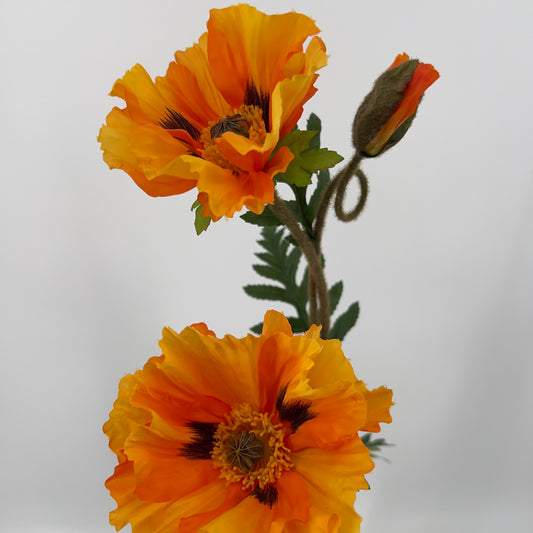 Poppy/papaver kunsttak 2 grote bloemen met knop in oranje of geel/roze/zalm, 76cm