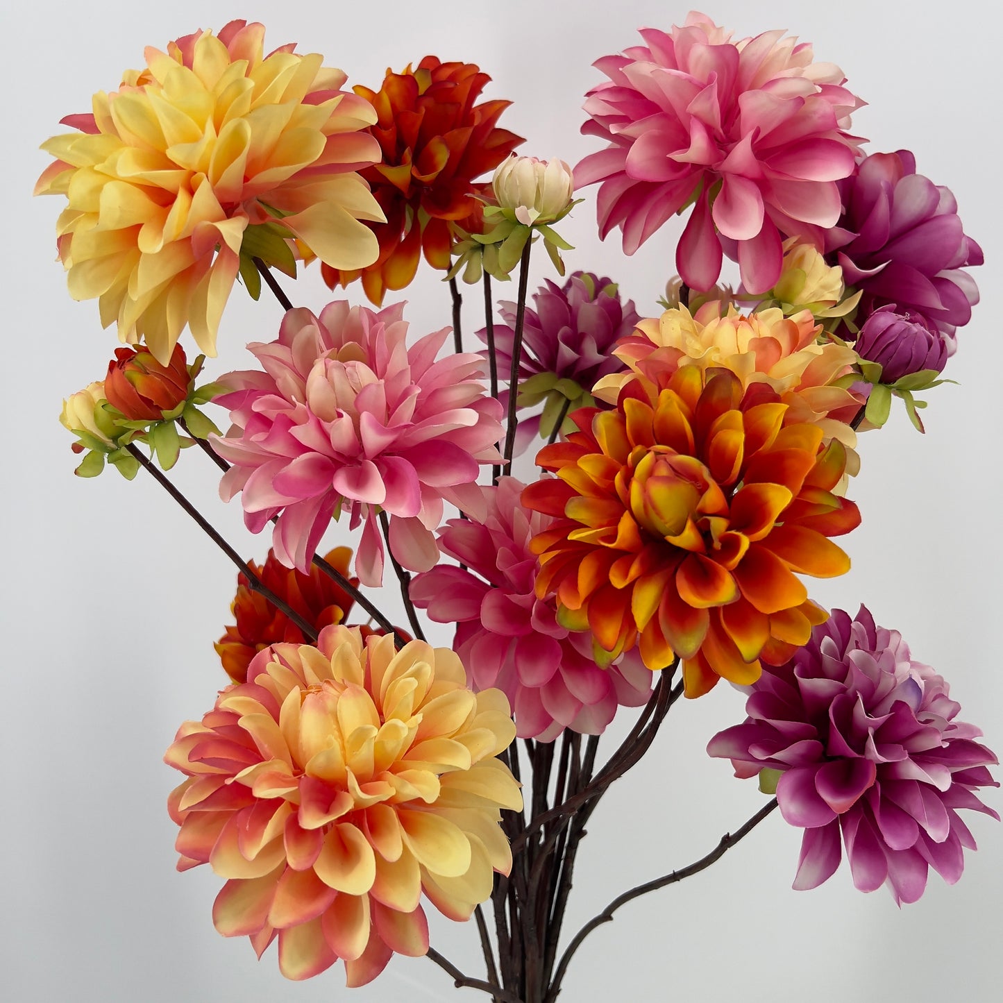 Kunstboeket van grote Dhalia's in 4 kleuren, 89cm